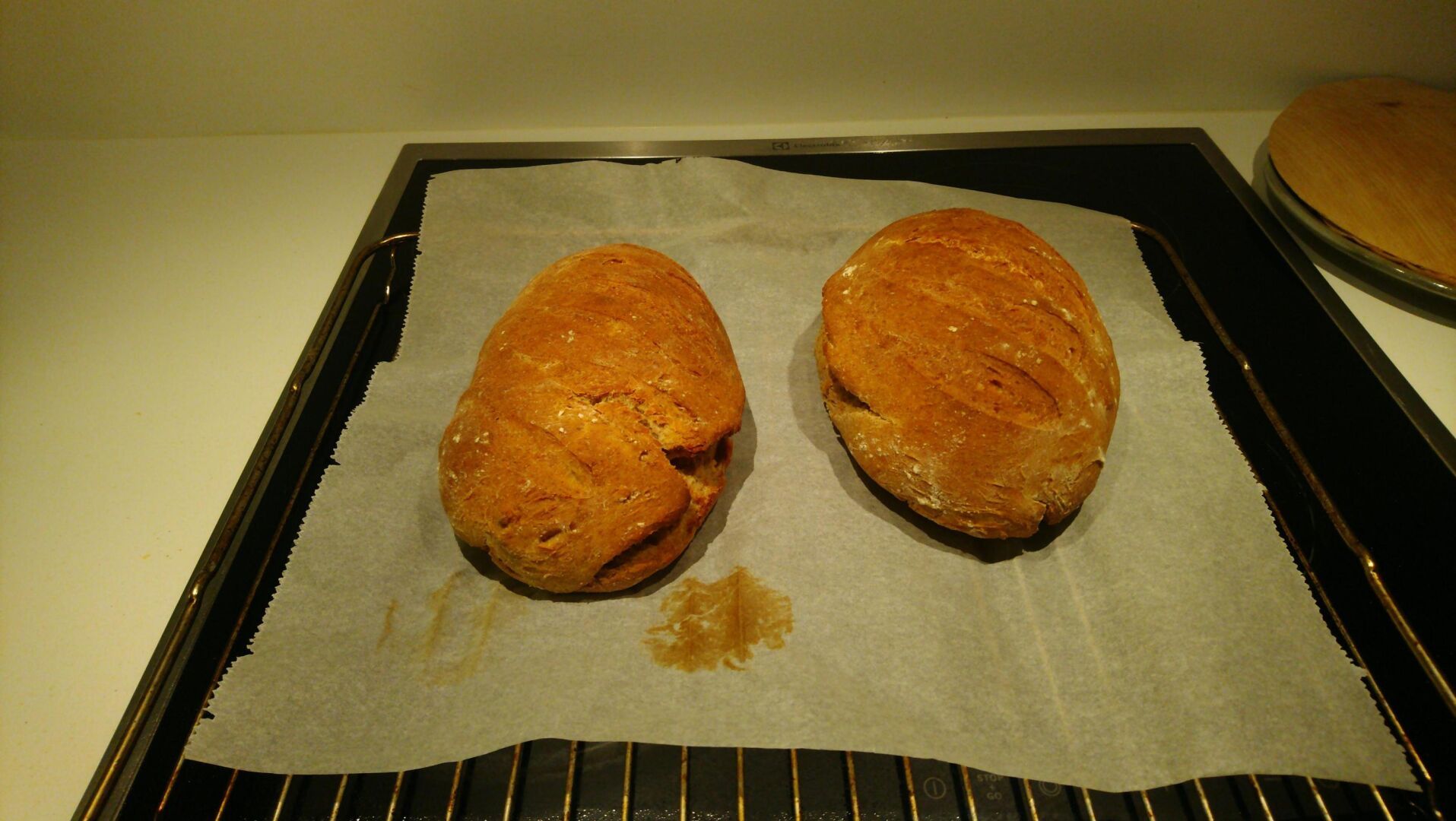 Two loaves of bread, still on an oven tray.